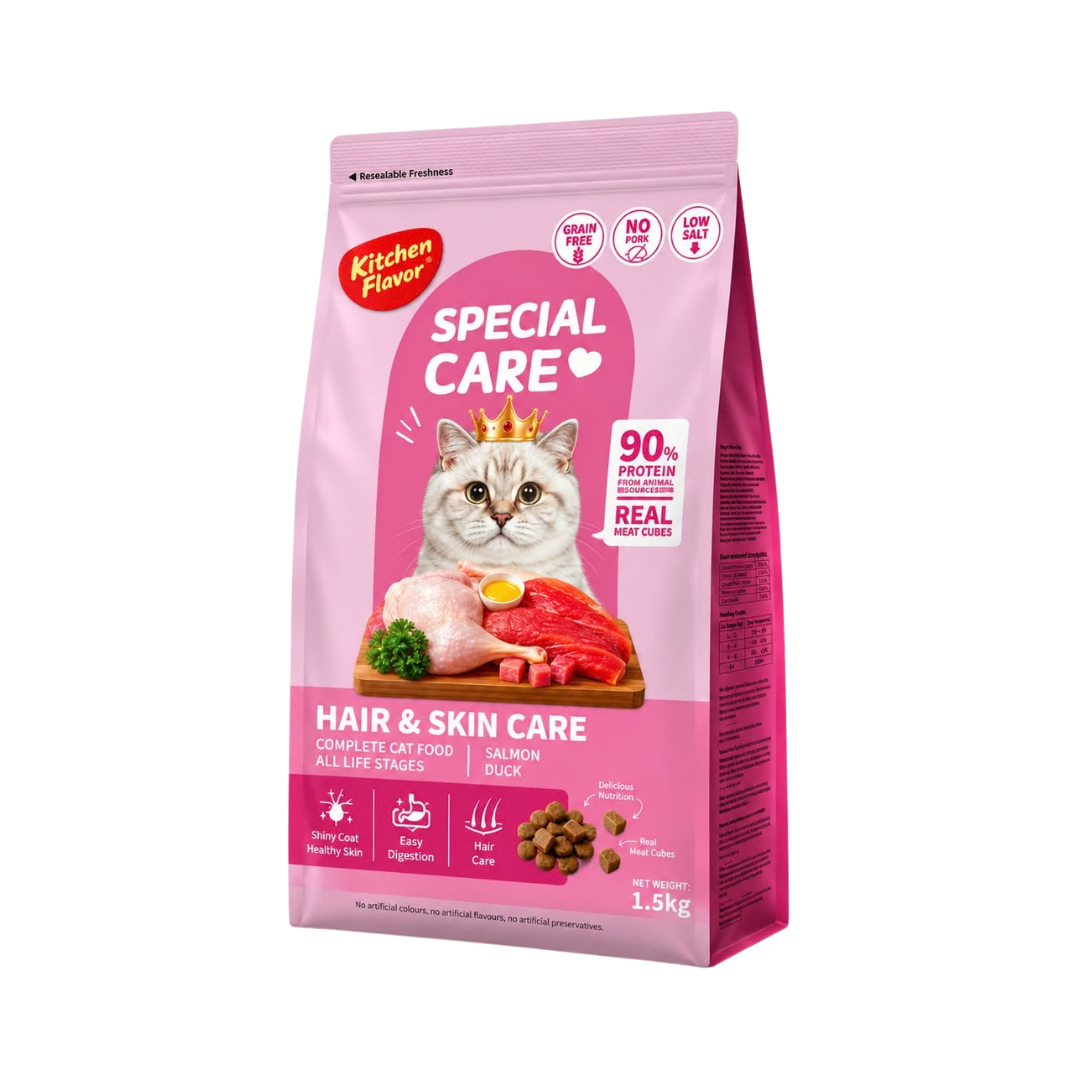 Kitchen Flavor Grain Free Special Care Hair & Skin Care Complete Cat Food All Life Stages Salmon & Duck - 1.5kg